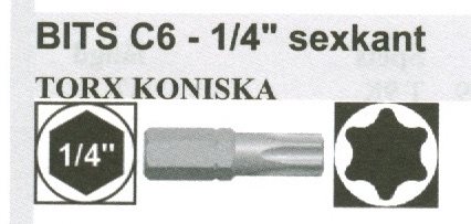 Bits Torx 1/4 fäste C6 längd  25 mm Koniska